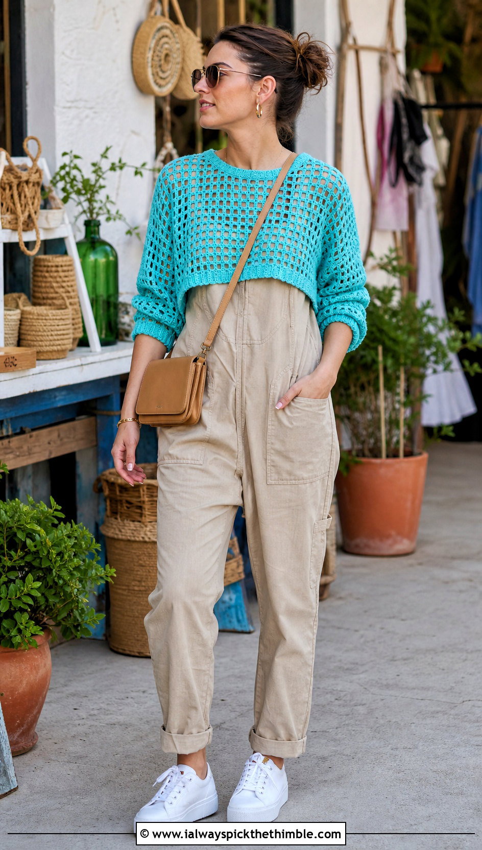Filet Crochet Sweater With Utility Jumpsuit - 20 summer crochet sweaters outfit ideas