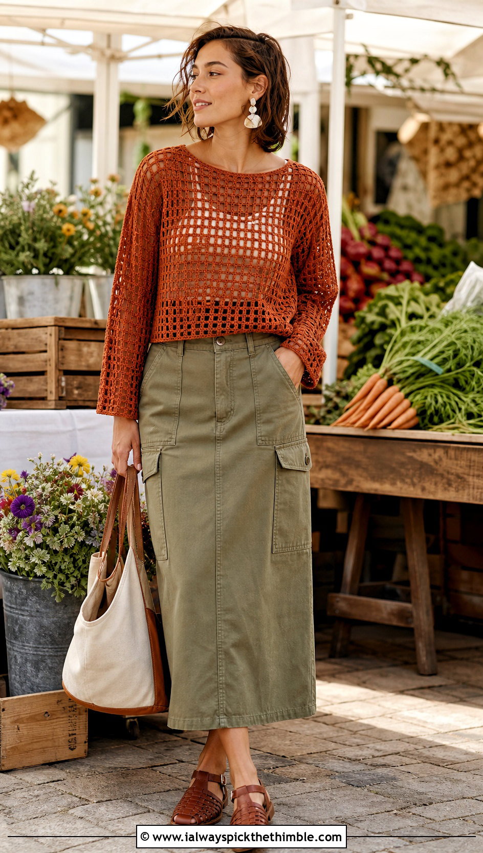 Filet Crochet Sweater With Utility Skirt - 20 spring crochet sweater outfit ideas