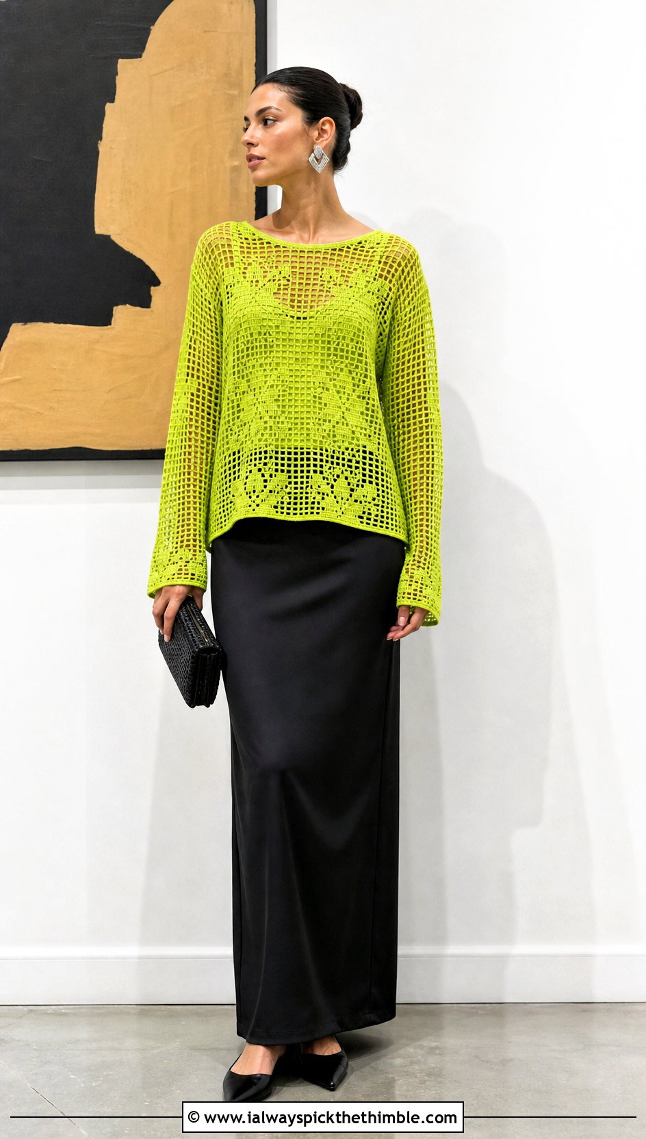 Filet Crochet Sweater With a Column Maxi Skirt - 20 Funky Crochet Sweater outfit ideas