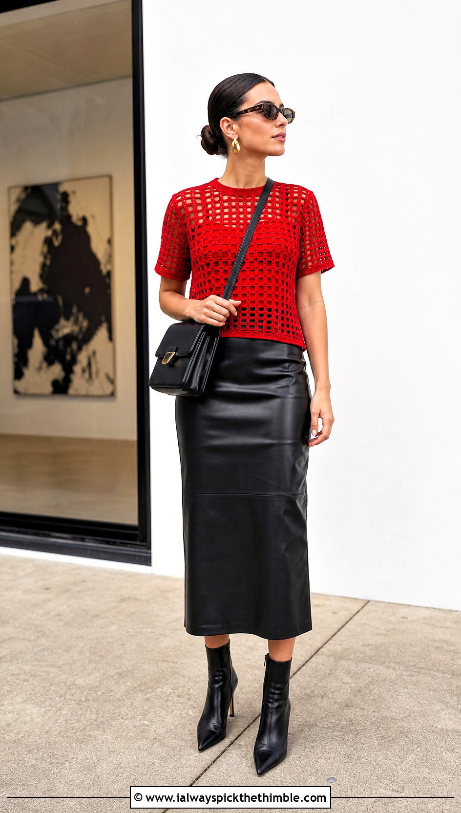Filet Crochet T Shirt With Leather Midi Skirt - 15 crochet top with intricate outfit ideas