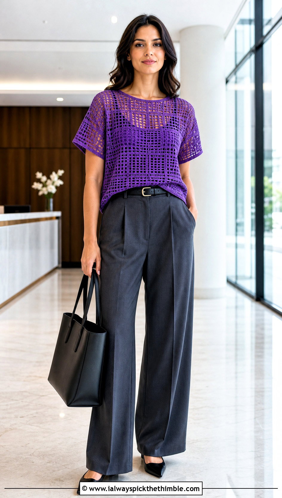 Filet Crochet T Shirt With Tailored Trousers - 20 crochet t shirts outfit ideas