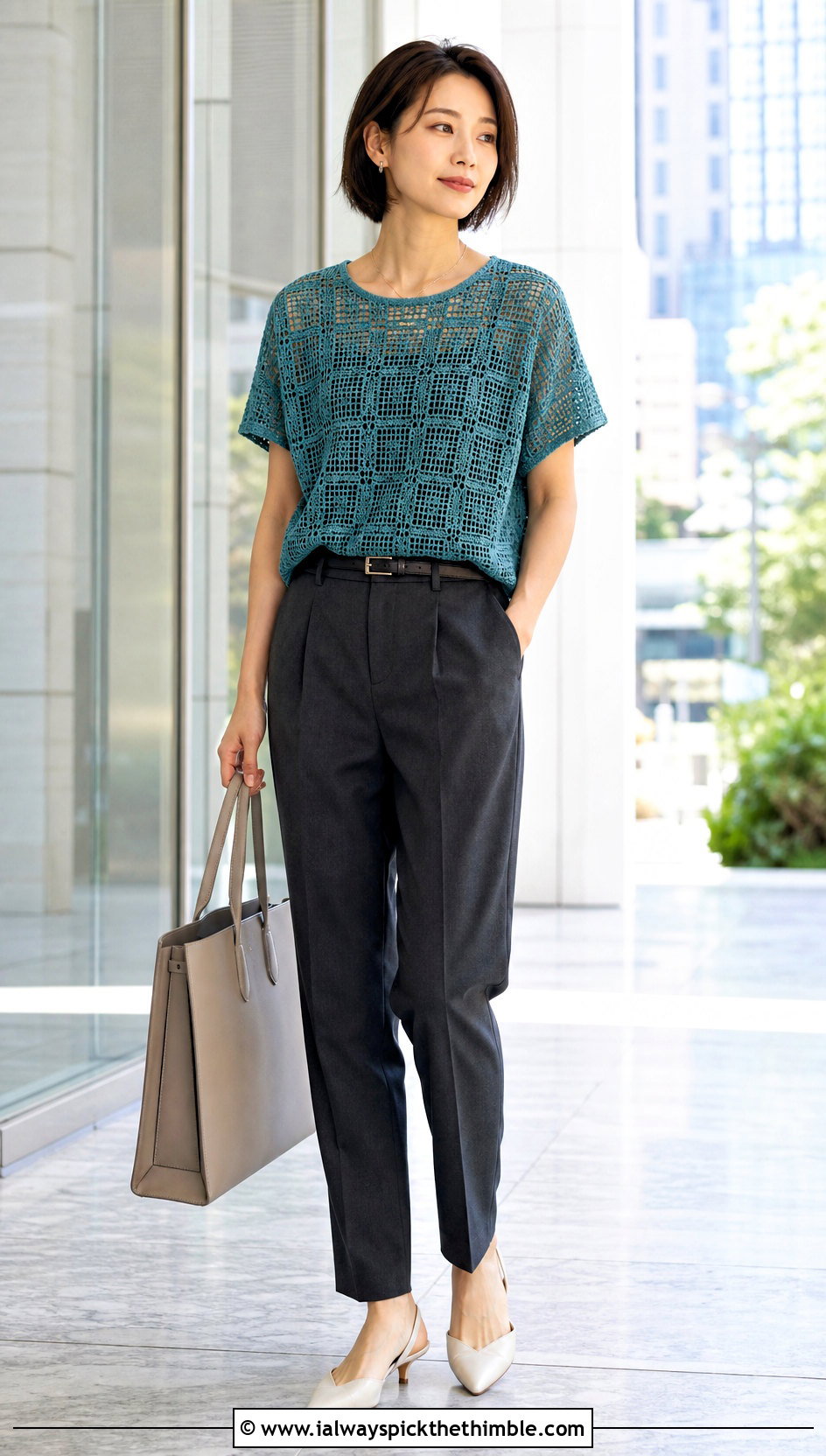 Filet Crochet T Shirt With Tailored Trousers - 25 crochet spring tops outfit ideas