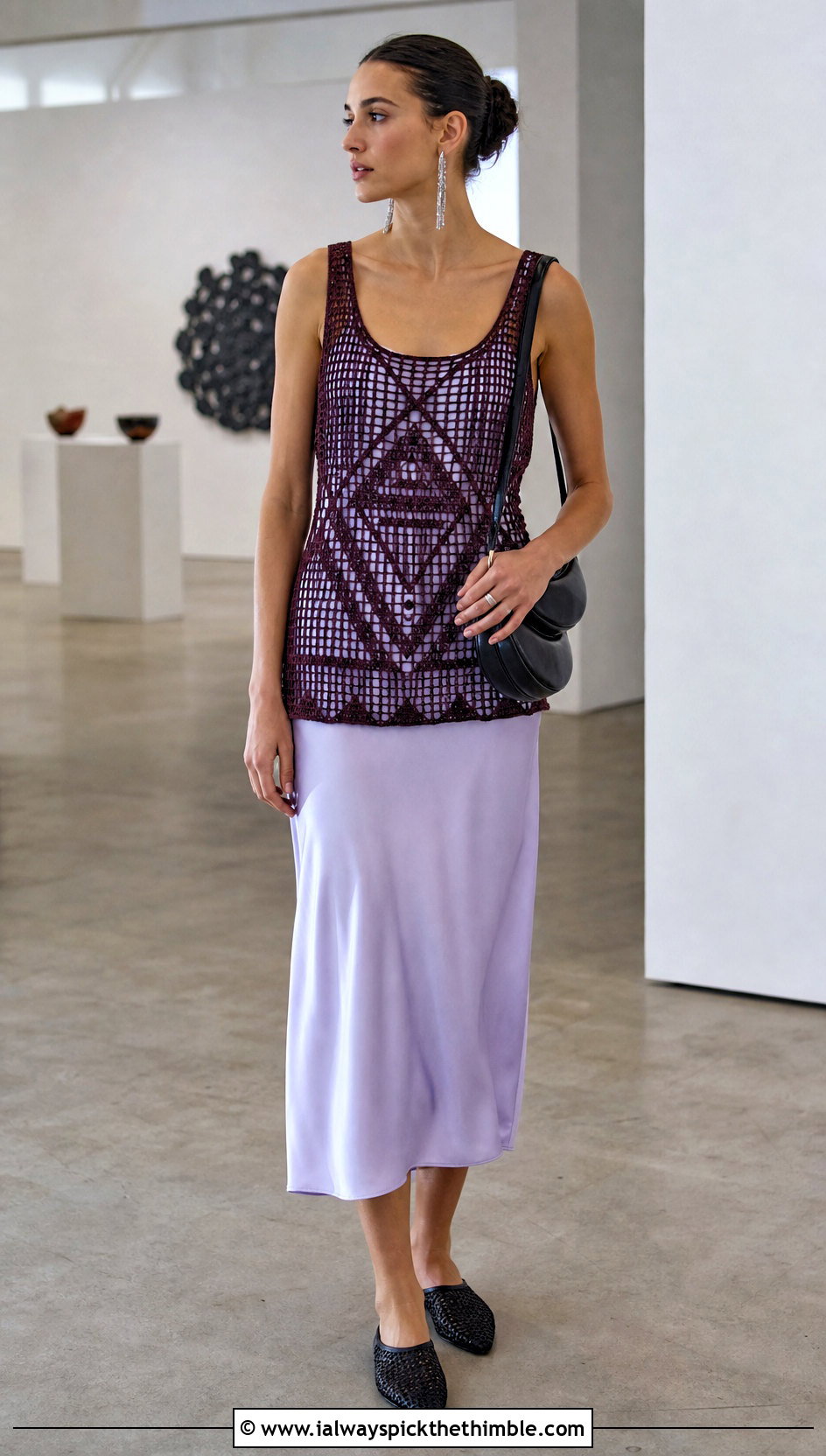 Filet Crochet Tank Top Over A Slip Dress - 20 crocheted tank tops outfit ideas