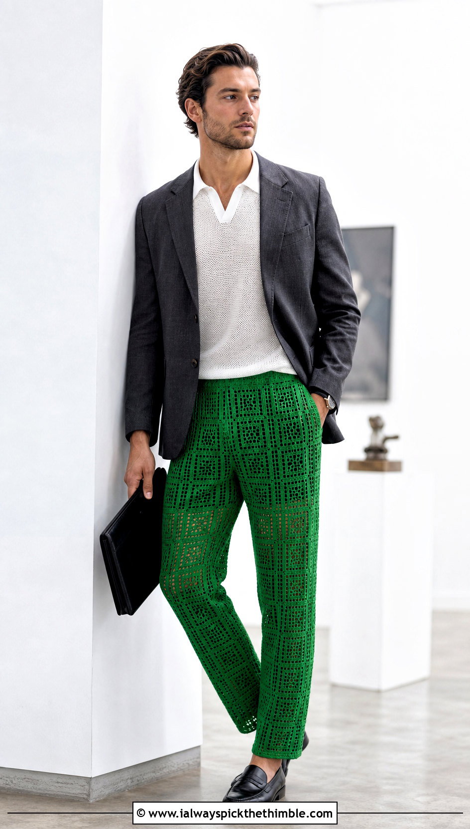 Filet Crochet Tapered Pants With Unstructured Blazer - 15 crochet men pants outfit ideas