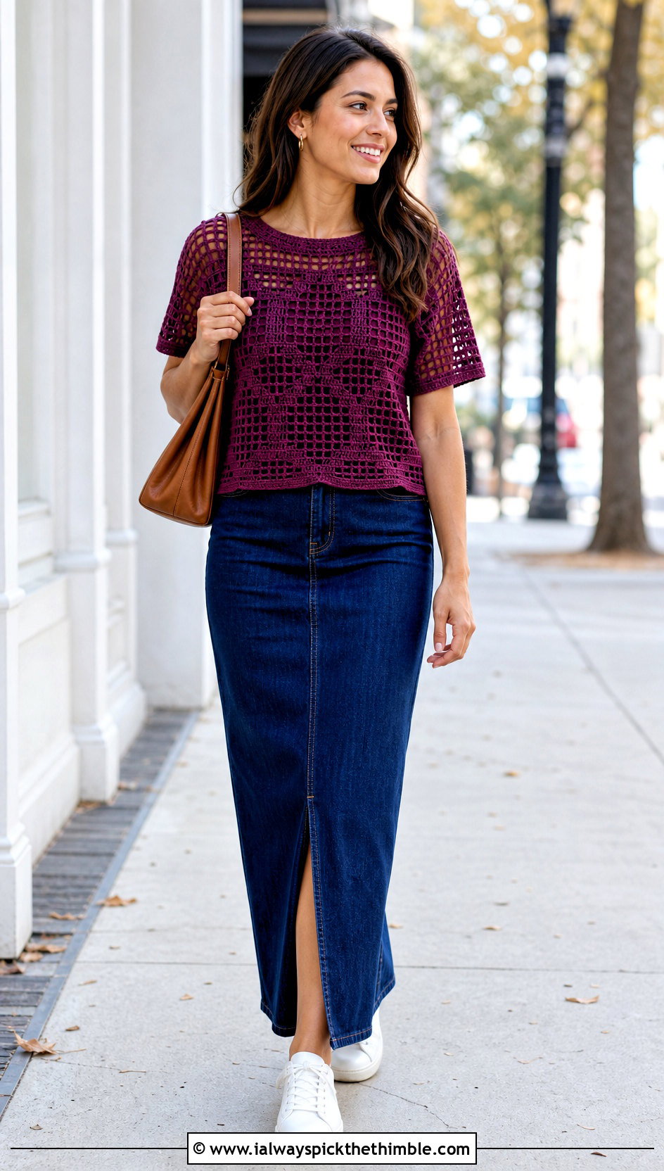 Filet Crochet Tee With Denim Maxi Skirt - 15 handmade crochet top design outfit ideas