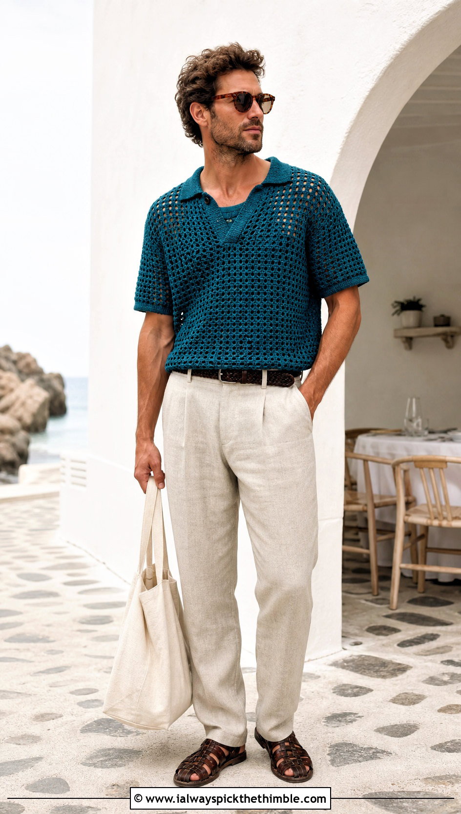 Filet Crochet Tee With Linen Pants - 25 Mens Crochet Top outfit ideas
