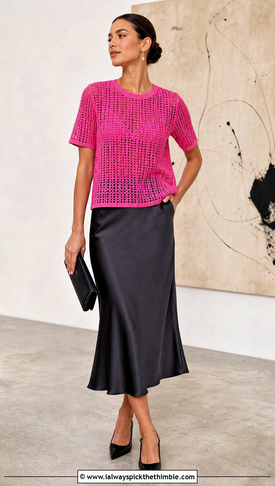 Filet Crochet Tee With Satin Midi Skirt - 20 cute crocheted tops outfit ideas