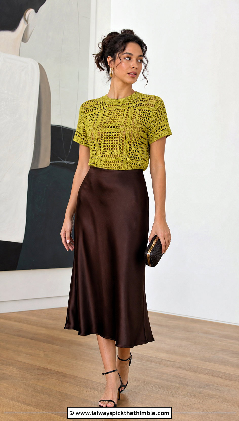 Filet Crochet Tee With Satin Midi Skirt - 15 crochet top on wooden floor outfit ideas