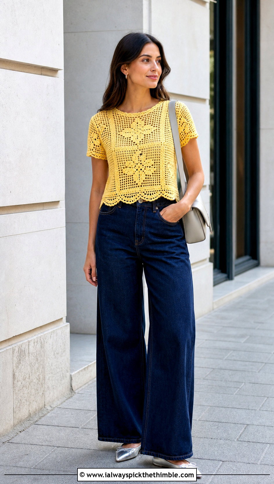 Filet Crochet Thread Top With Wide Leg Jeans - 25 crochet thread top outfit ideas