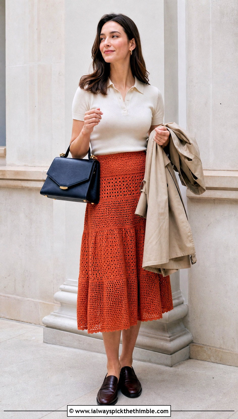Filet Crochet Tiered Skirt With Polo Shirt - 25 crochet tiered skirt outfit ideas