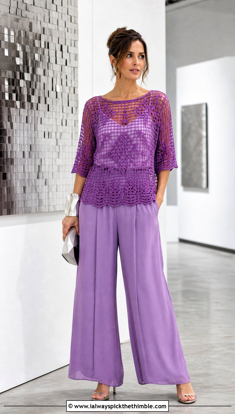 Filet Crochet Top Over A Matching Tank And Trousers - 20 Crochet Top Layering Outfit ideas