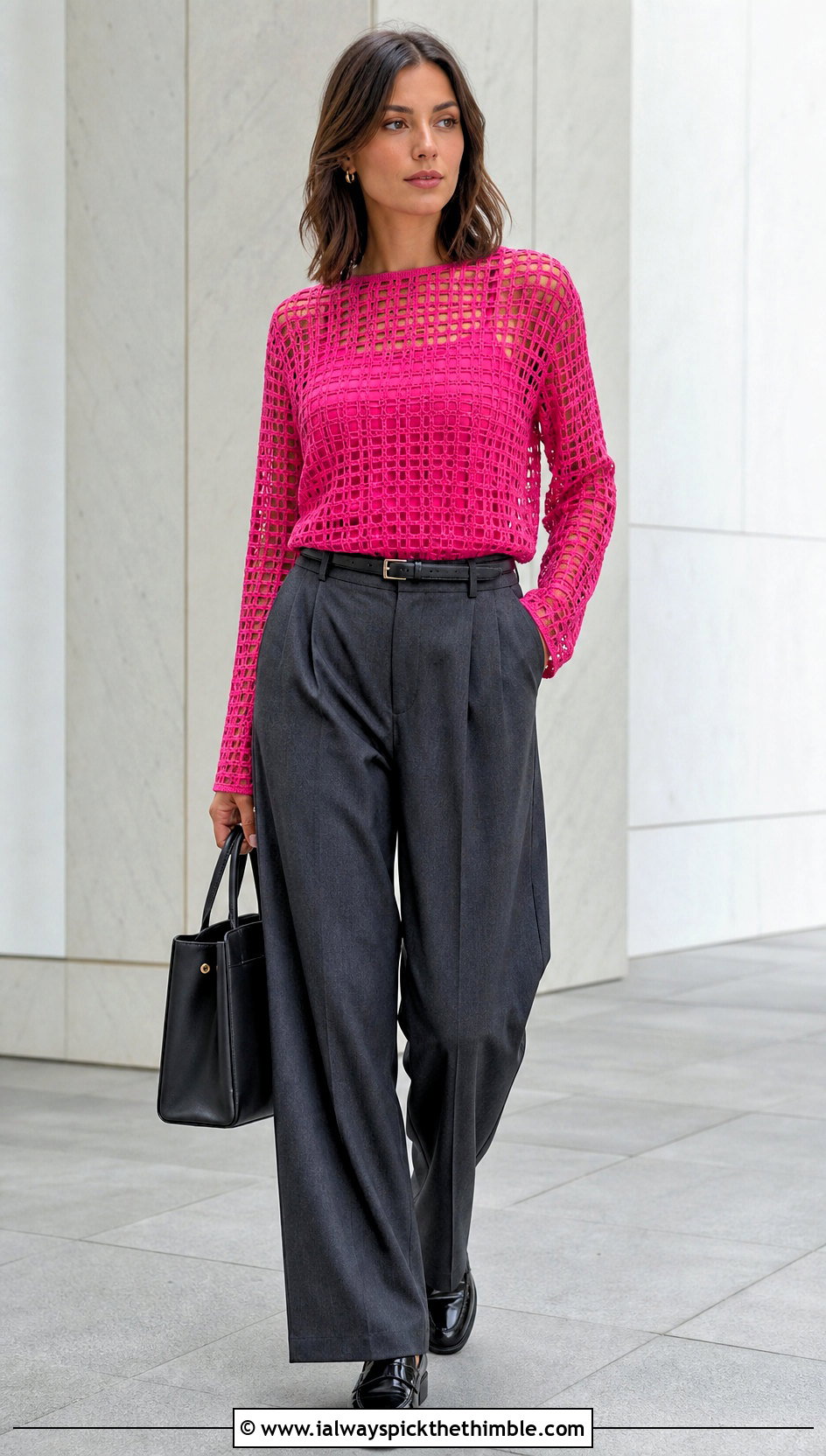 Filet Crochet Top With Pleated Wool Trousers - 20 Crochet Tops For Fall outfit ideas