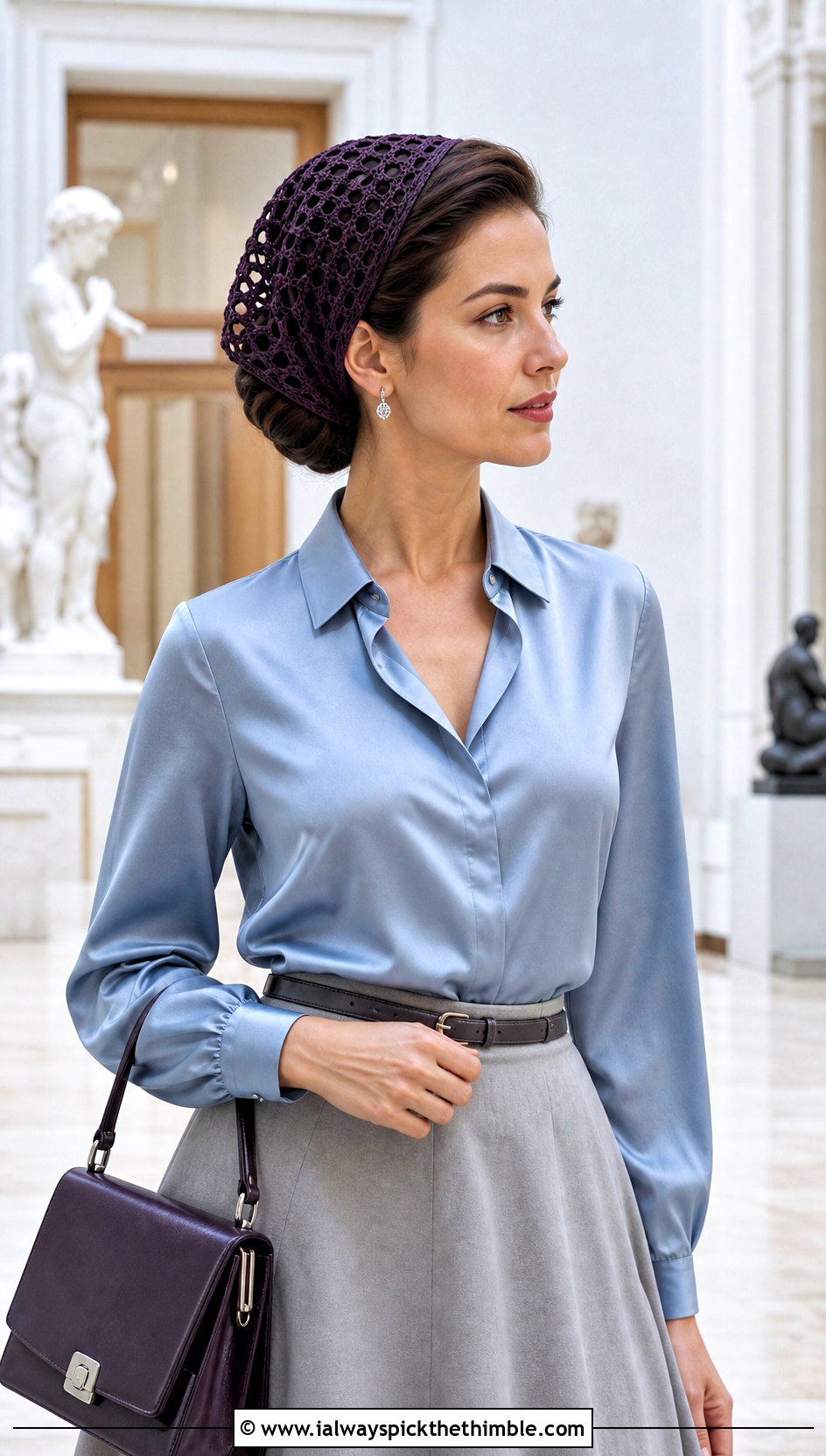 Filet Crochet Triangle Hair Scarf With Satin Blouse And Midi Skirt - 20 crochet triangle hair scarf outfit ideas