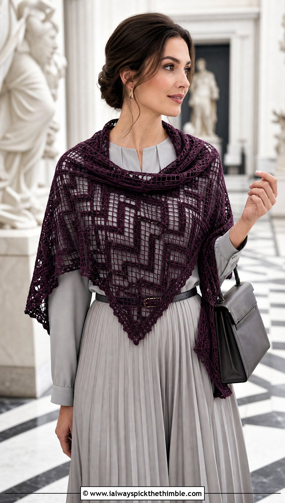Filet Crochet Triangle Shawl With Blouse And Pleated Skirt - 25 crochet triangle shawl outfit ideas