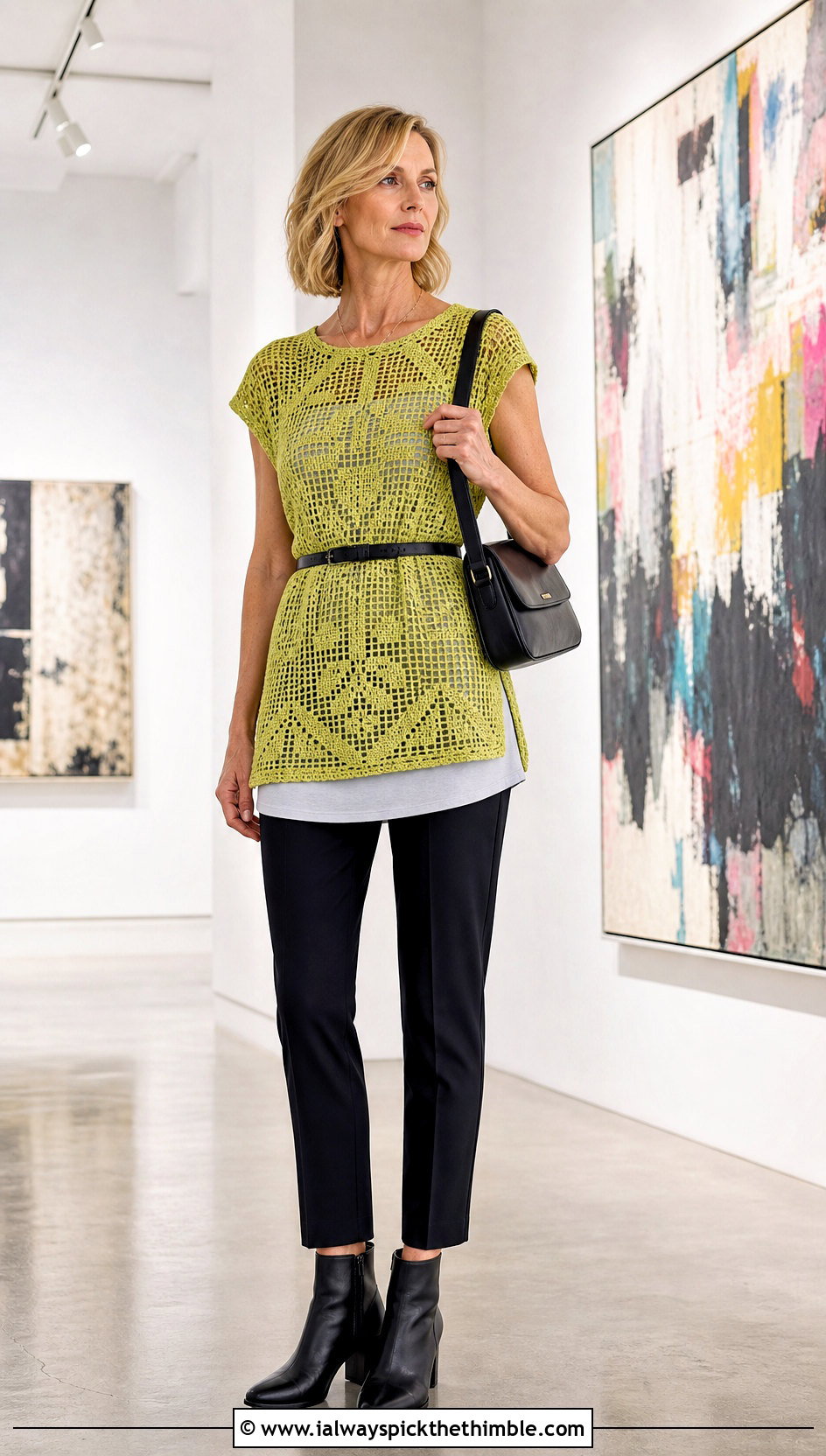 Filet Crochet Tunic Top With Slim Pants - 20 70S Inspired Crochet Top outfit ideas