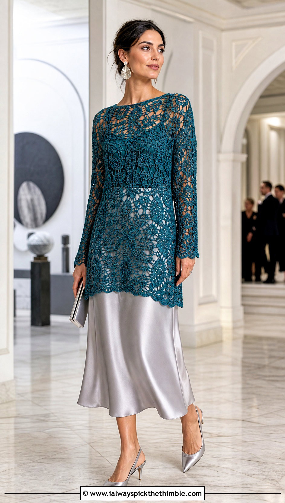 Filet Crochet Tunic With Satin Midi Skirt - 25 crochet tunic outfit ideas