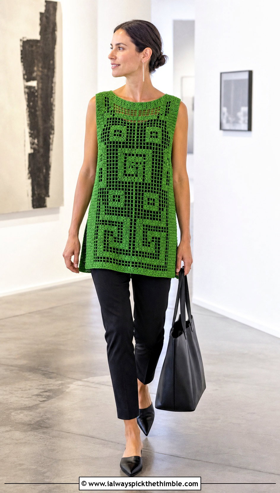Filet Crochet Tunic With Slim Trousers - 20 vintage crochet clothes and outfit ideas