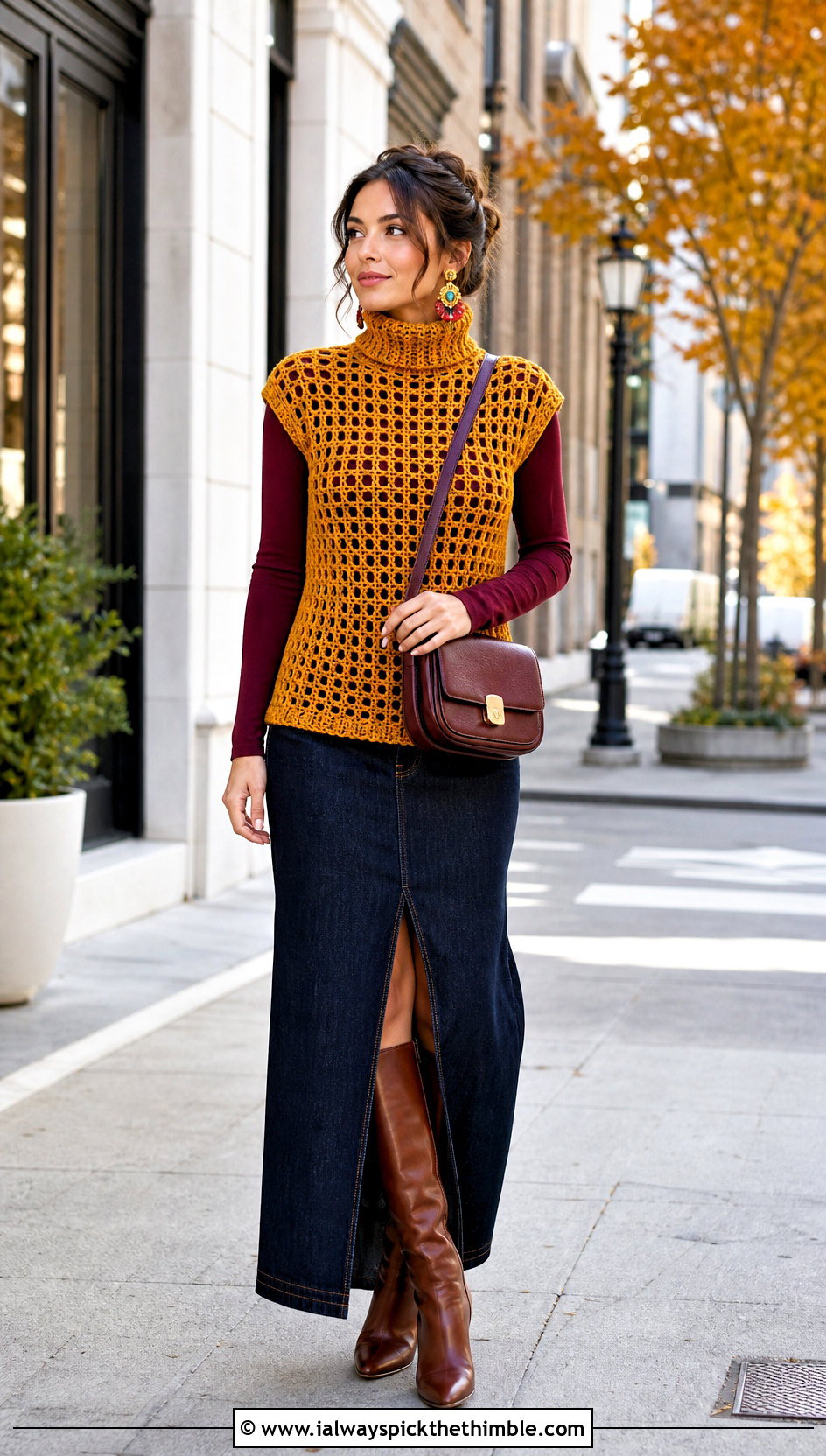 Filet Crochet Turtleneck Top With Denim Maxi Skirt - 25 filet crochet top outfit ideas
