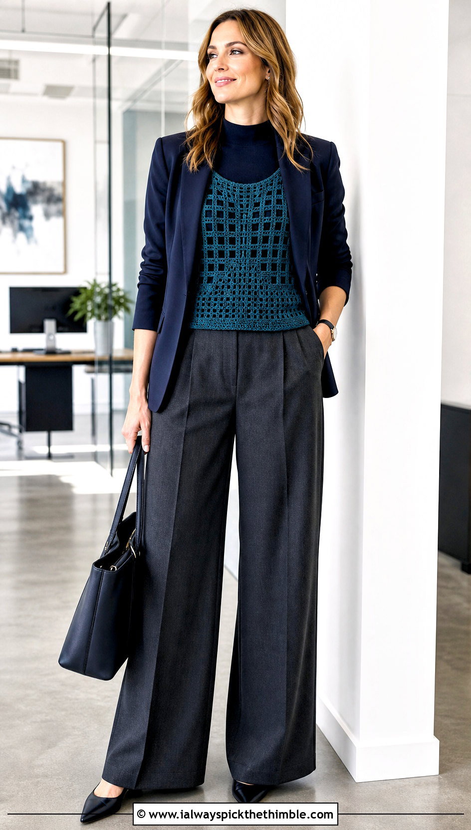 Filet Crochet Vest With Tailored Work Pants - 20 Lacy Crochet Vest outfit ideas