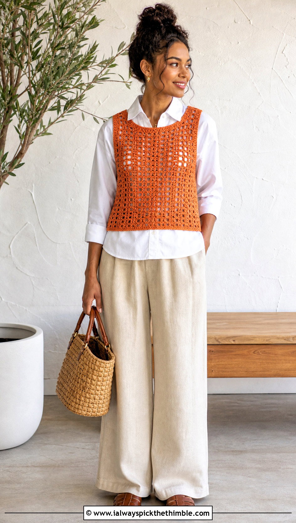 Filet Crochet Vest With White Shirt And Linen Pants - 15 Boho Style Crochet Vest outfit ideas