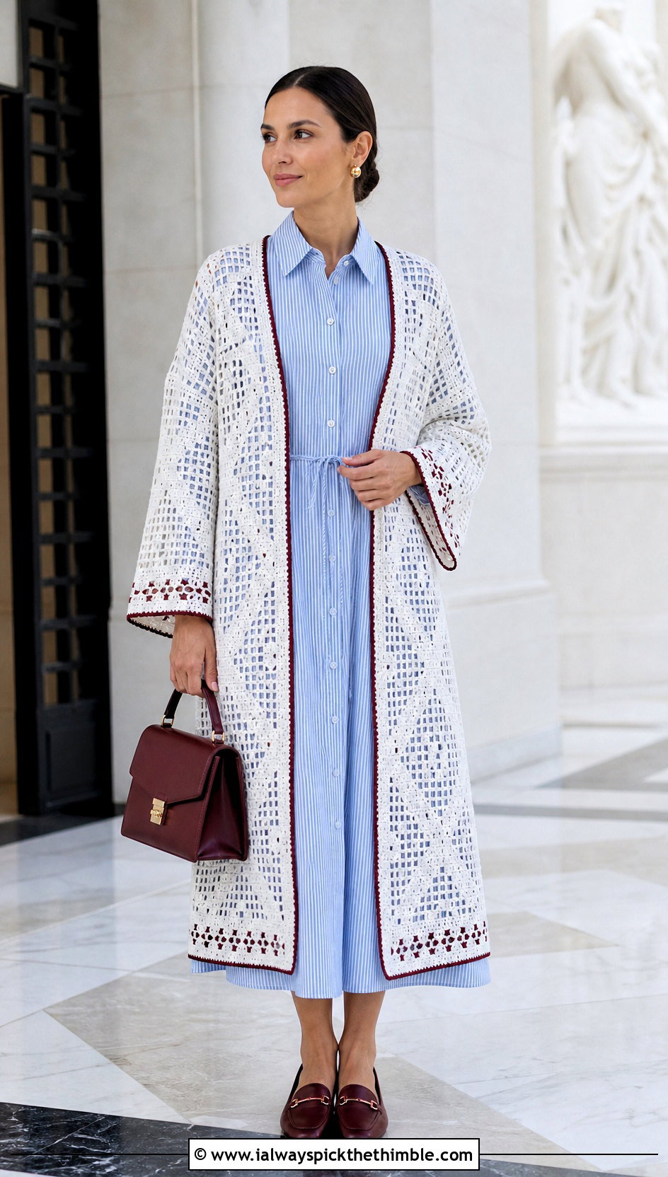 Filet Crochet White Kimono With Button Down Shirt Dress - 15 White Crochet Kimono outfit ideas