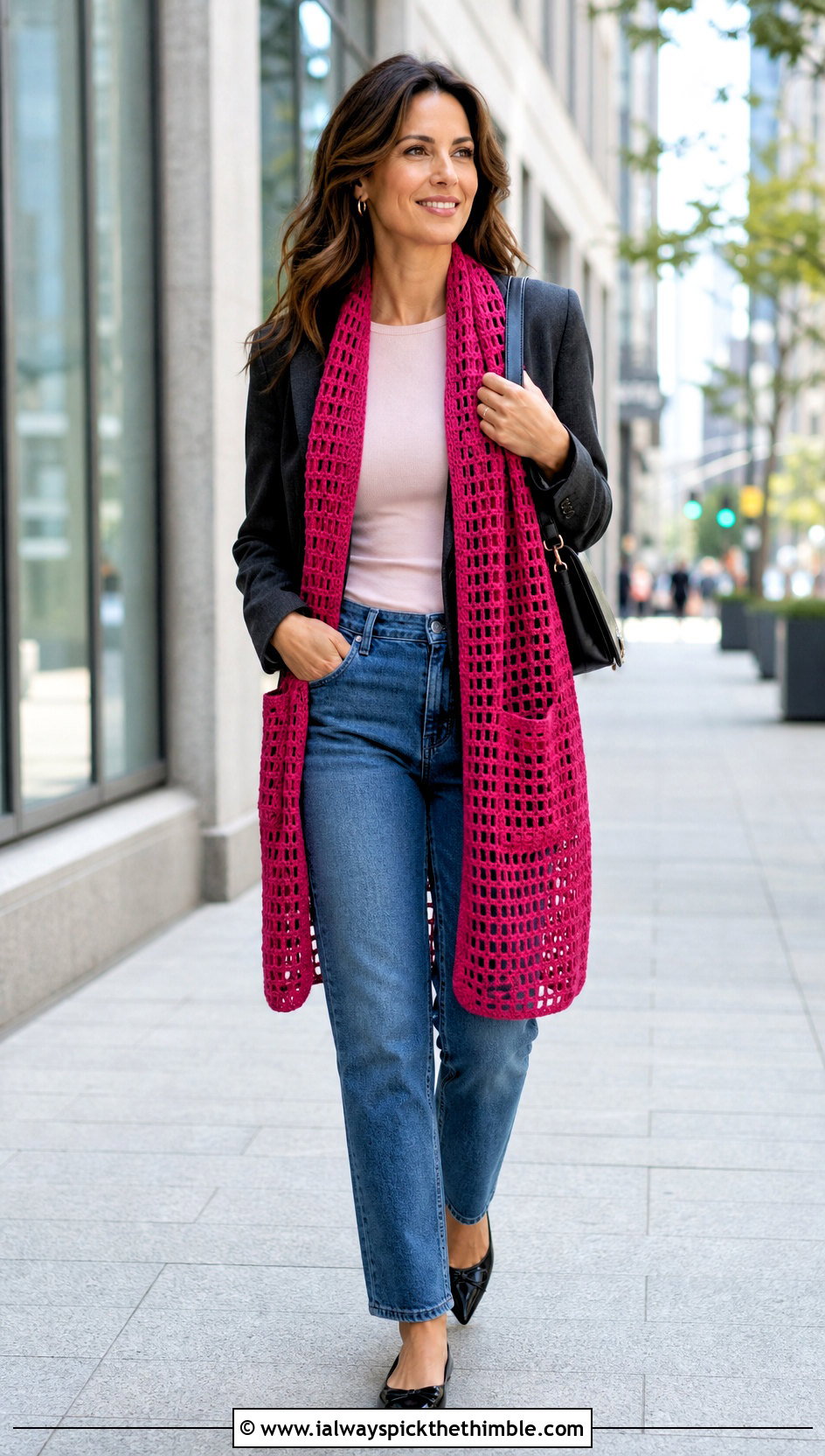 Filet Crochet Wrap With Blazer And Jeans - 25 crochet wrap with pockets outfit ideas