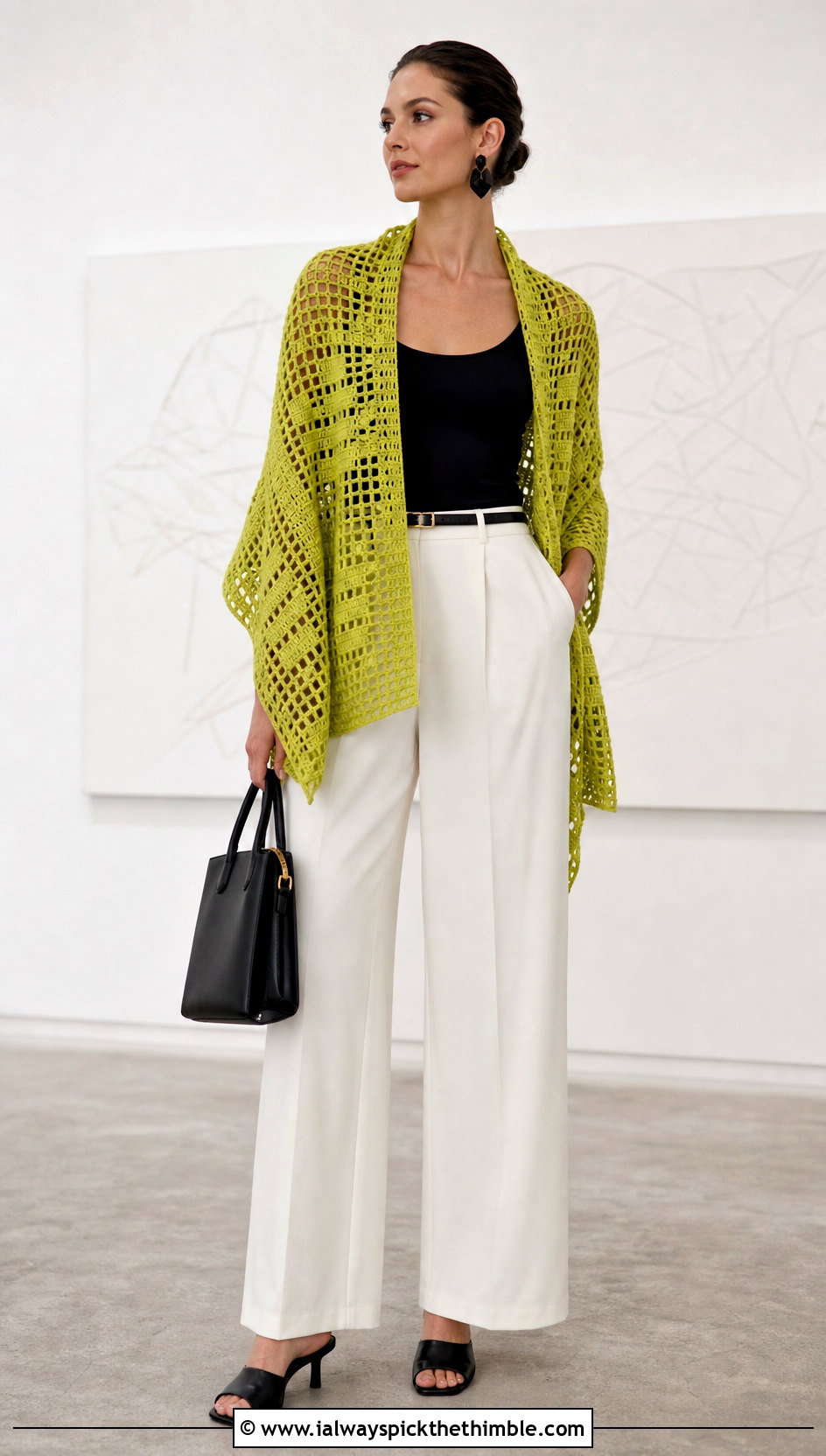 Filet Crochet Wrap With Wide Leg Trousers - 20 crochet summer wrap outfit ideas