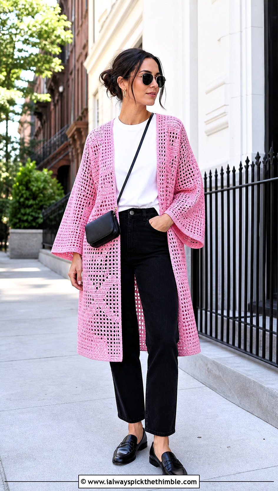 Filet Crocheted Kimono With T Shirt And Black Jeans - 20 Crocheted Kimono outfit ideas