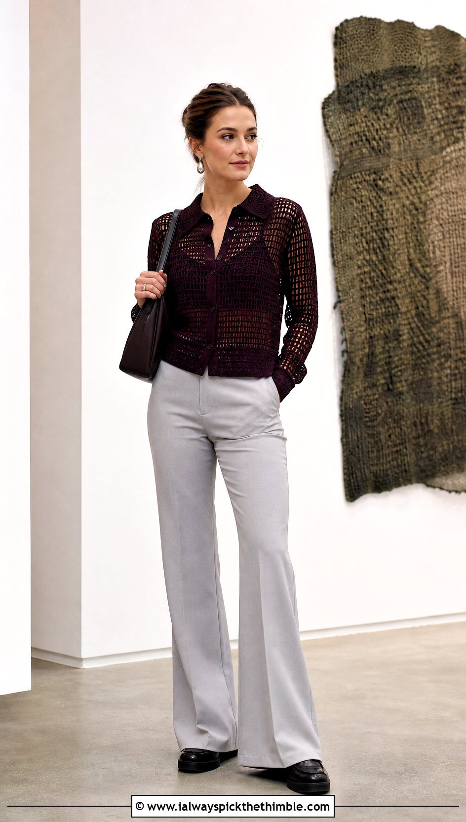 Filet Crocheted Shirt With Flare Trousers - 25 Crocheted Shirt outfit ideas
