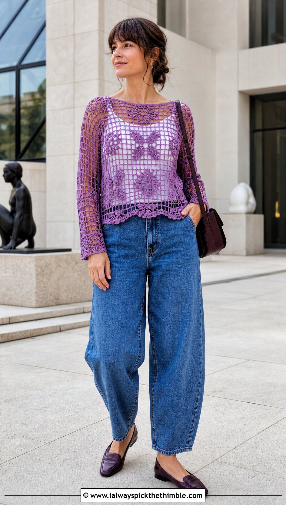Filet Fishnet Crochet Top With Barrel Leg Jeans - 20 Fishnet Crochet Top outfit ideas