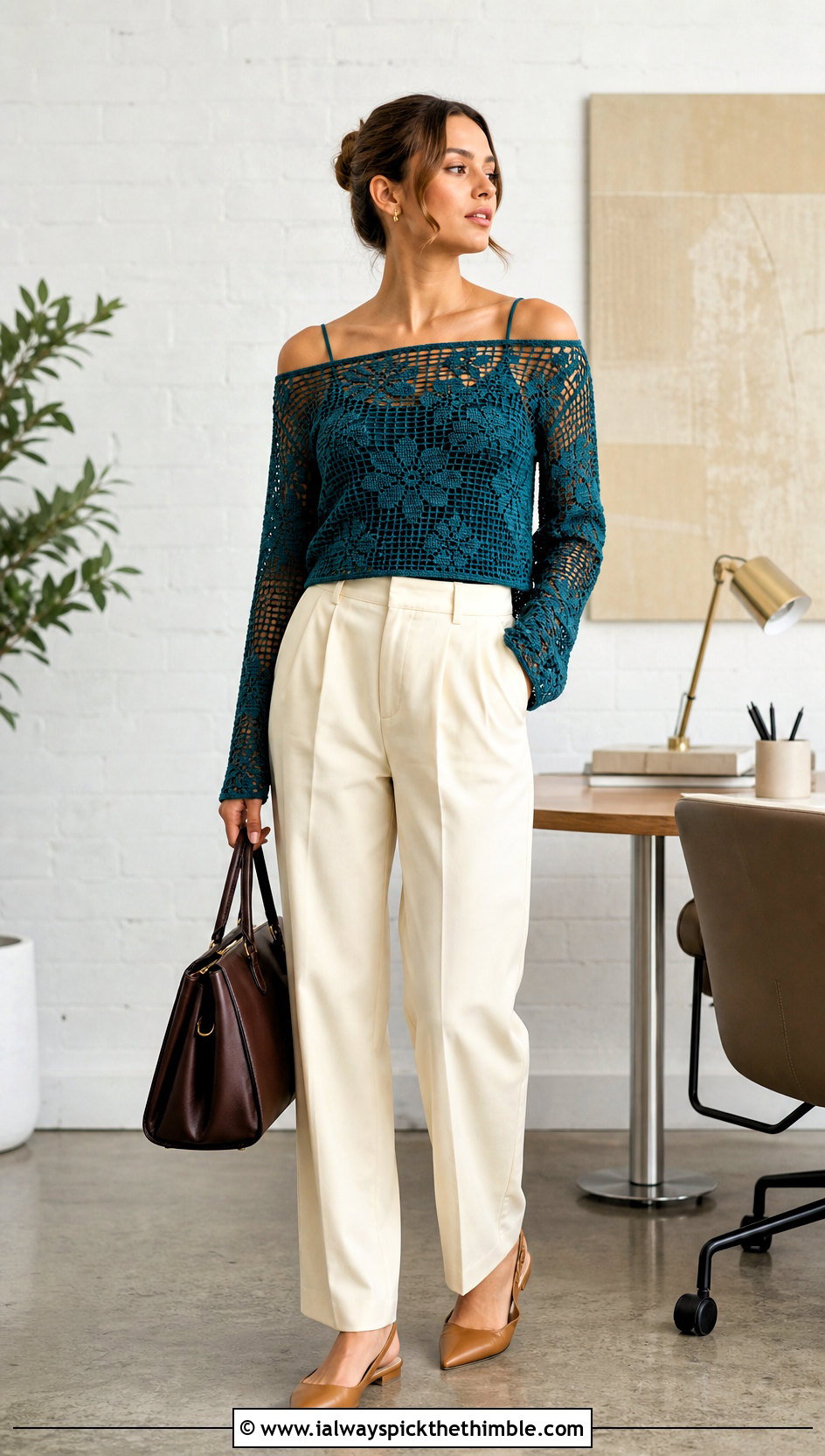 Filet Floral Mesh Off Shoulder Top With Tailored Trousers - 20 crochet mesh off shoulder top outfit ideas