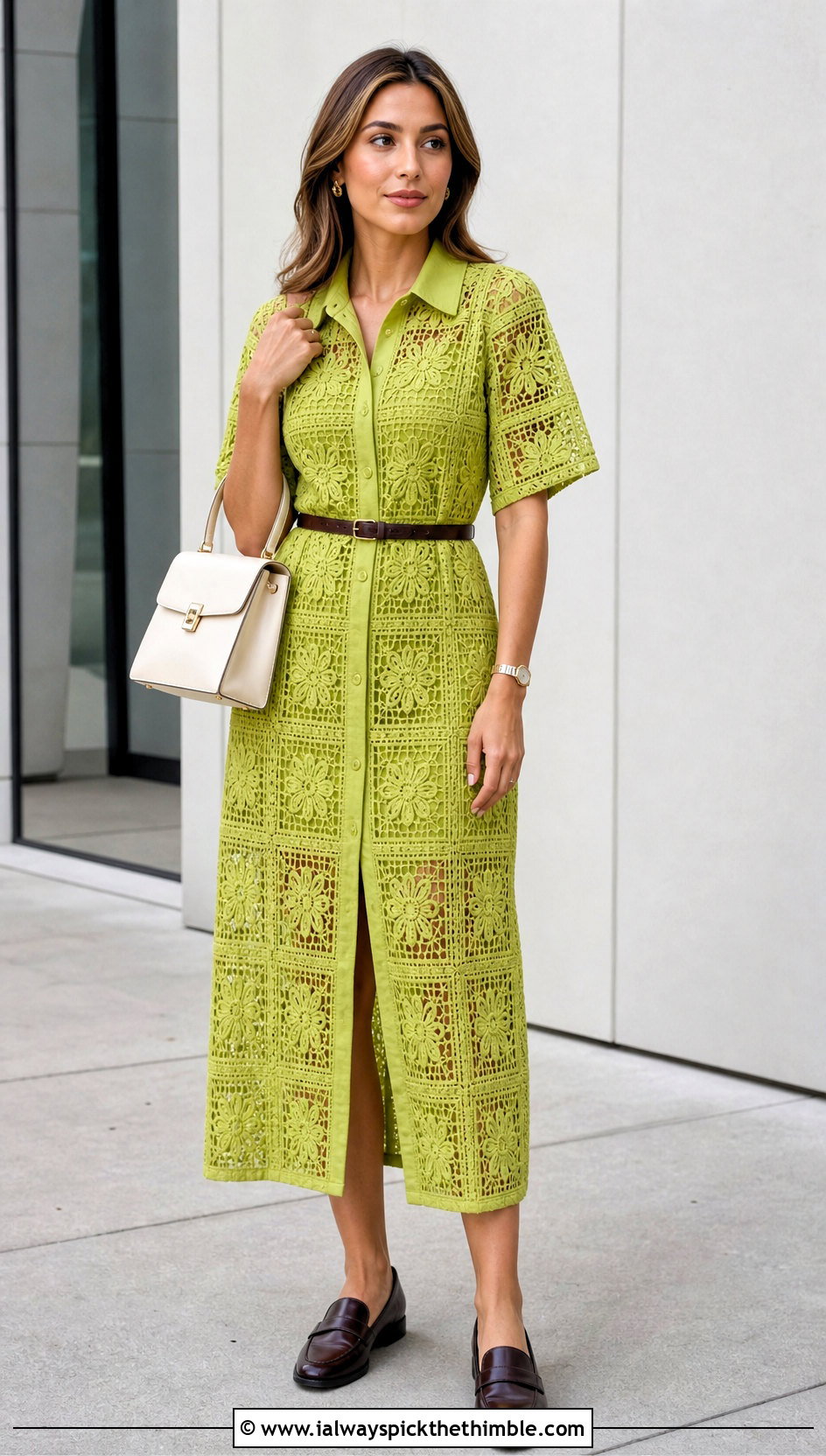 Filet Flower Crochet Shirt Dress With Loafers - 25 Crochet Flower Dress outfit ideas