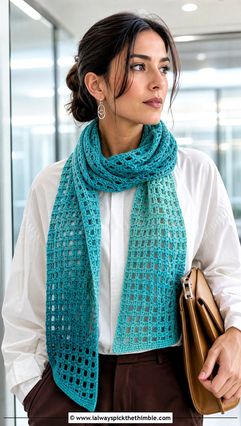 Filet Gradient Crochet Scarf With White Shirt And Trousers - 20 gradient crochet scarf outfit ideas