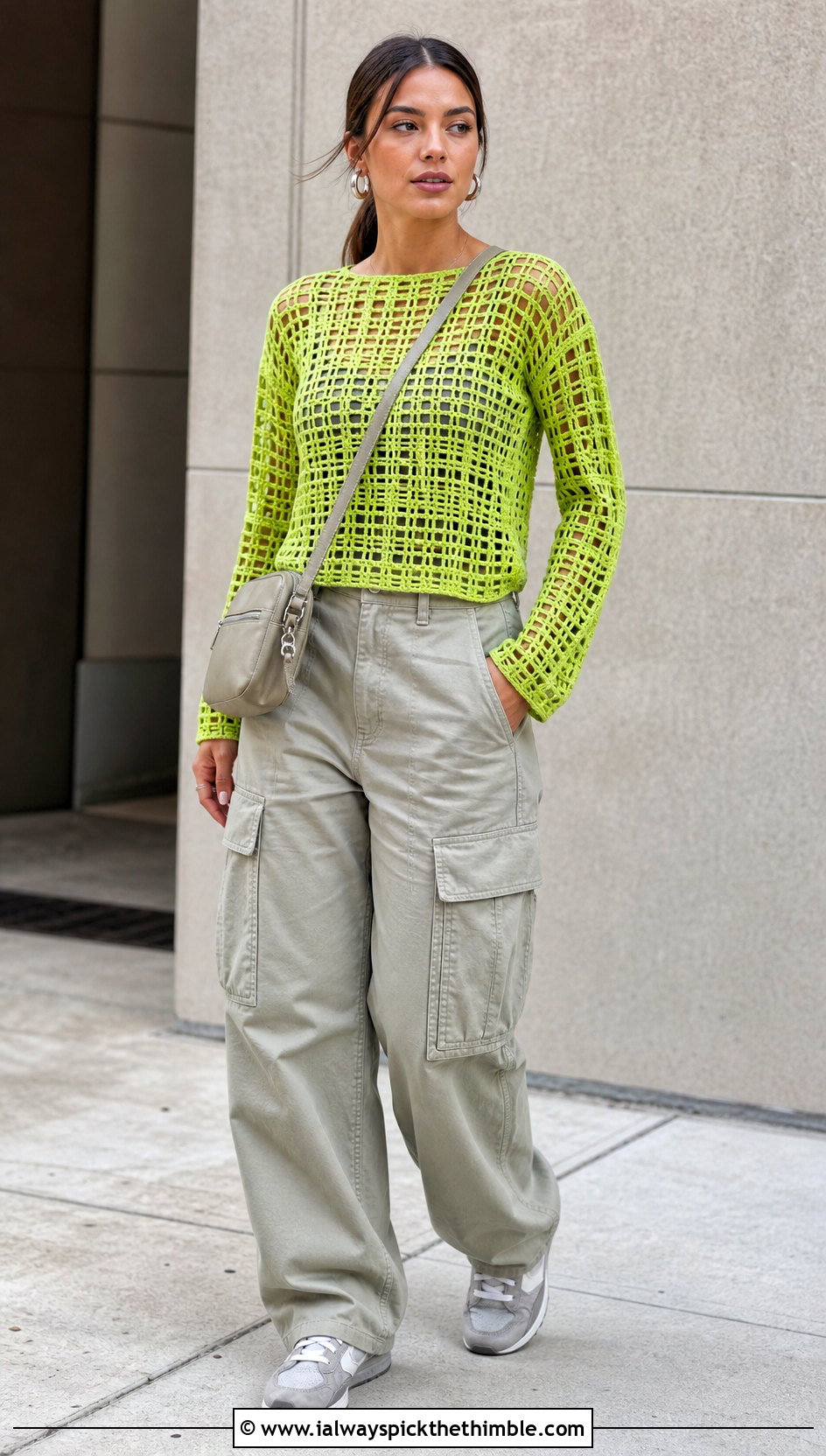 Filet Green Crochet Blouse With Utility Cargo Pants - 15 green crochet blouse design outfit ideas