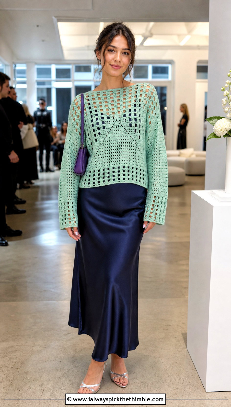 Filet Green Crochet Sweater With Slip Dress - 25 green crochet sweater outfit ideas