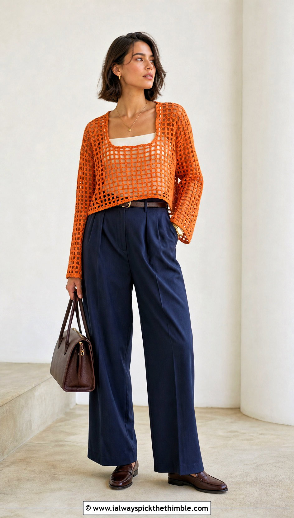 Filet Grid Crochet Mesh Top With Pleated Trousers - 20 crochet mesh sleeve top outfit ideas