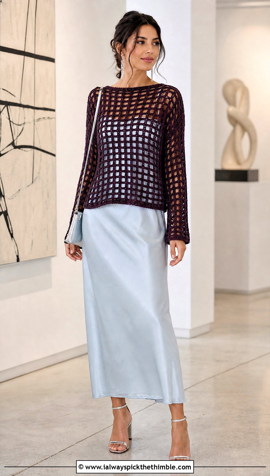 Filet Grid Crochet Sweater Over A Slip Dress - 15 grid crochet sweater design outfit ideas