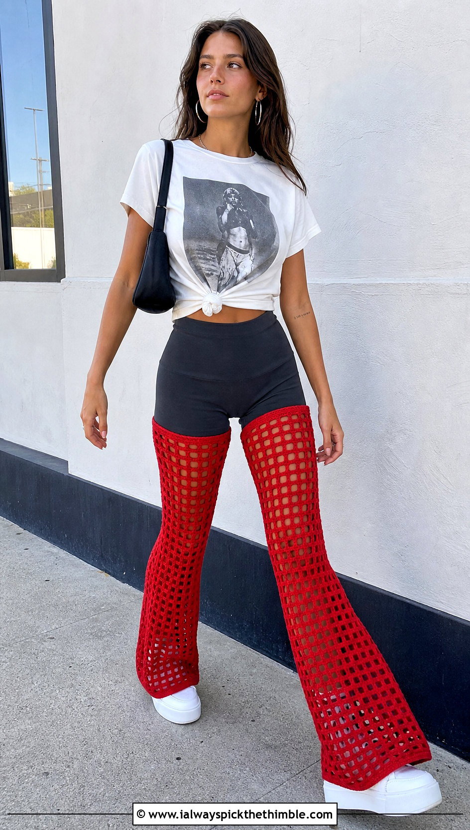 Filet Grid Flare Pants With Graphic T Shirt - 20 Crochet Mesh Flare Pants outfit ideas