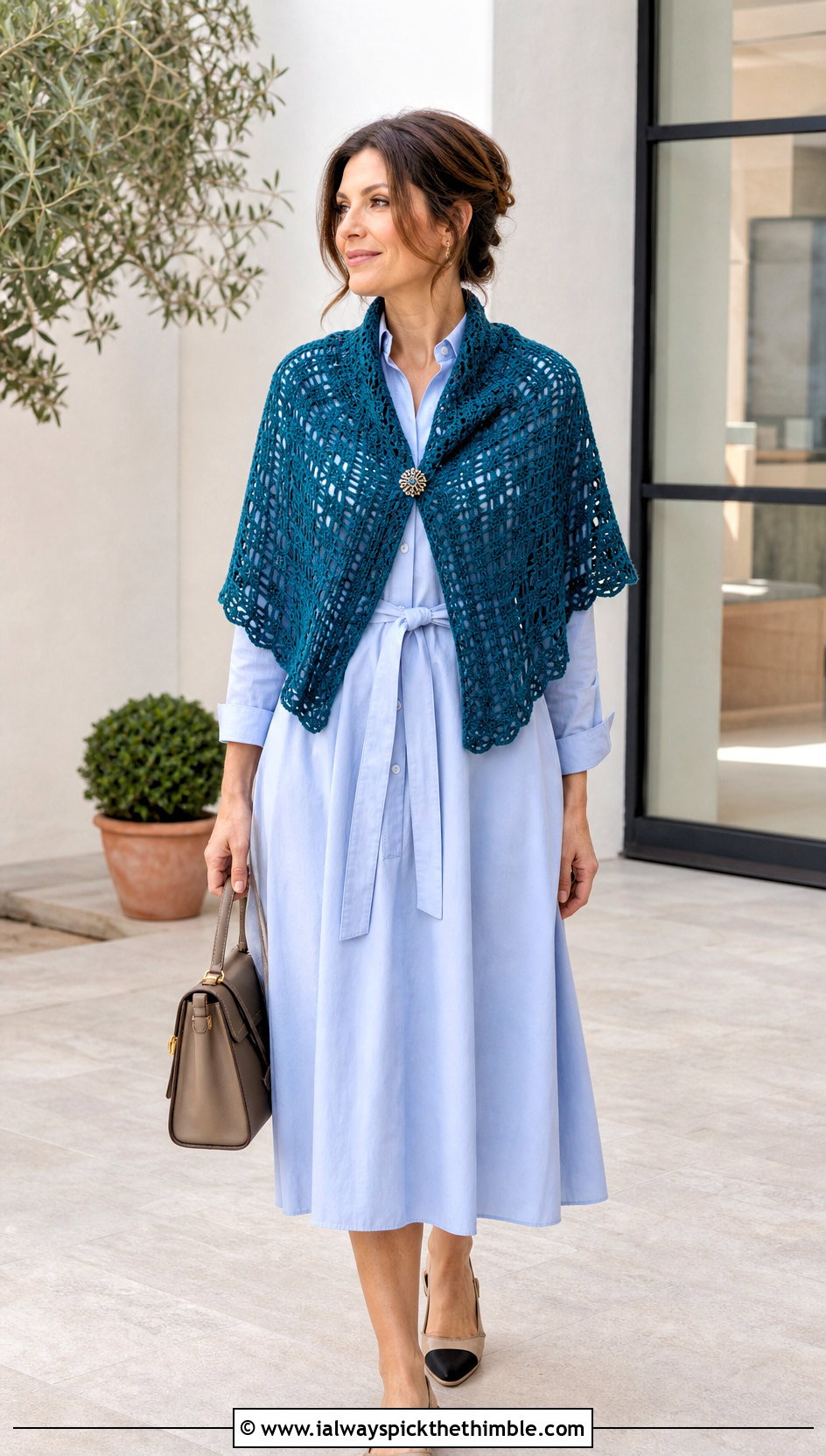 Filet Half Circle Crochet Shawl With Shirt Dress - 15 Half Circle Crochet Shawl outfit ideas