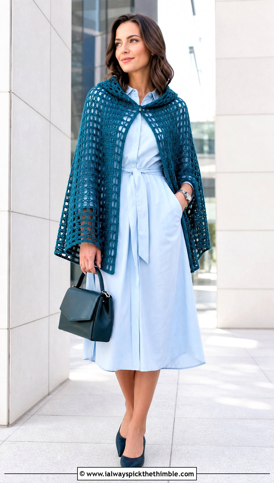 Filet Hooded Crochet Cape With Shirt Dress - 20 Hooded Crochet Cape outfit ideas