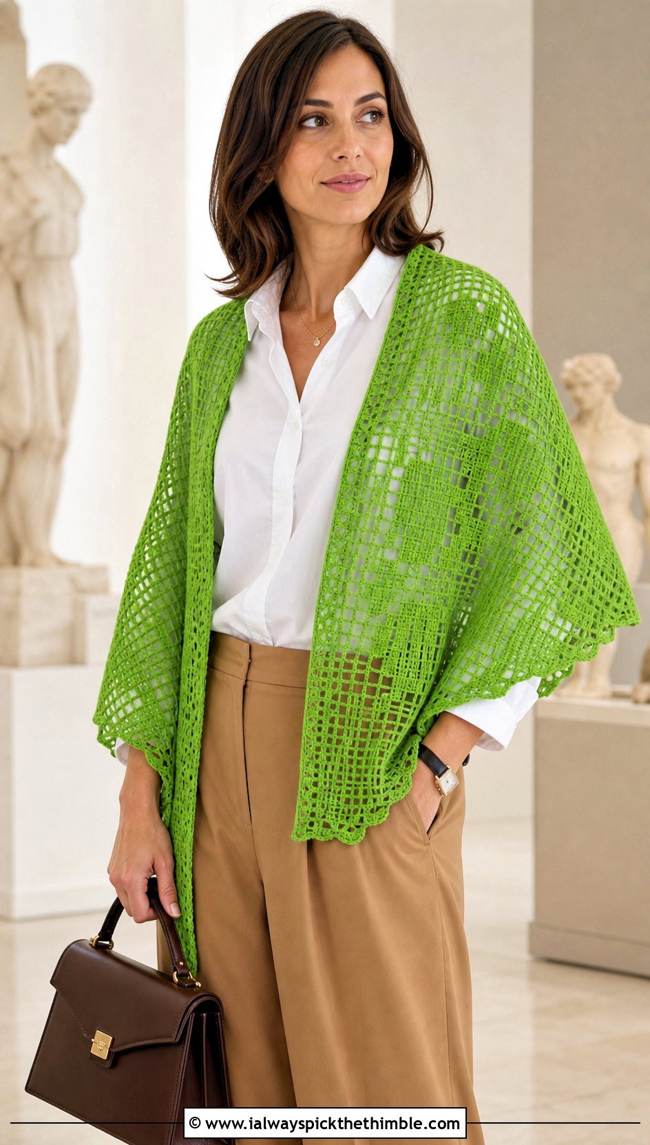 Filet Lace 1 Skein Crochet Shawl With Button Down Shirt And Wide Leg Pants - 15 Easy 1 Skein Crochet Shawl outfit ideas