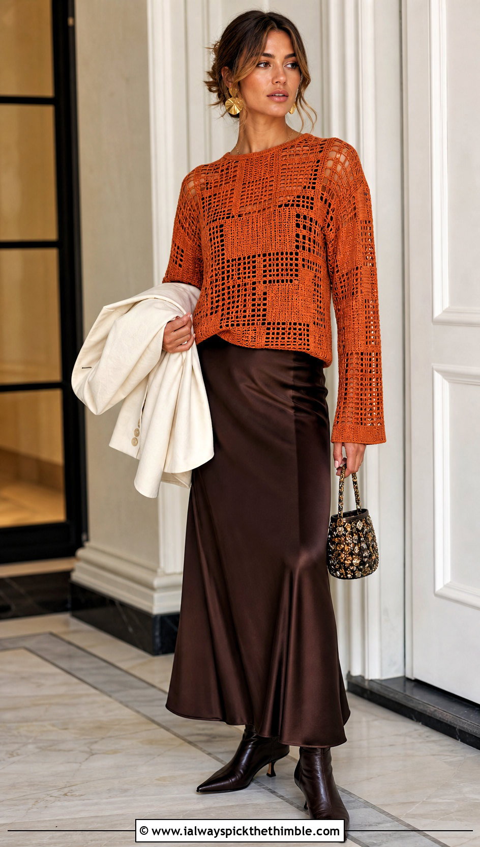 Filet Lace Crochet Blouse With Satin Slip Skirt - 15 fall crochet blouse outfit ideas