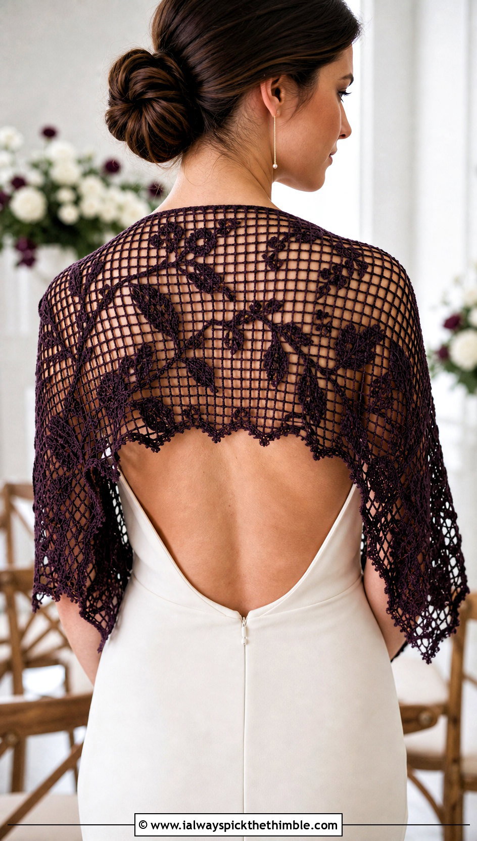 Filet Lace Crochet Bridal Shawl With Backless Wedding Dress - 20 Crochet Bridal Shawl outfit ideas