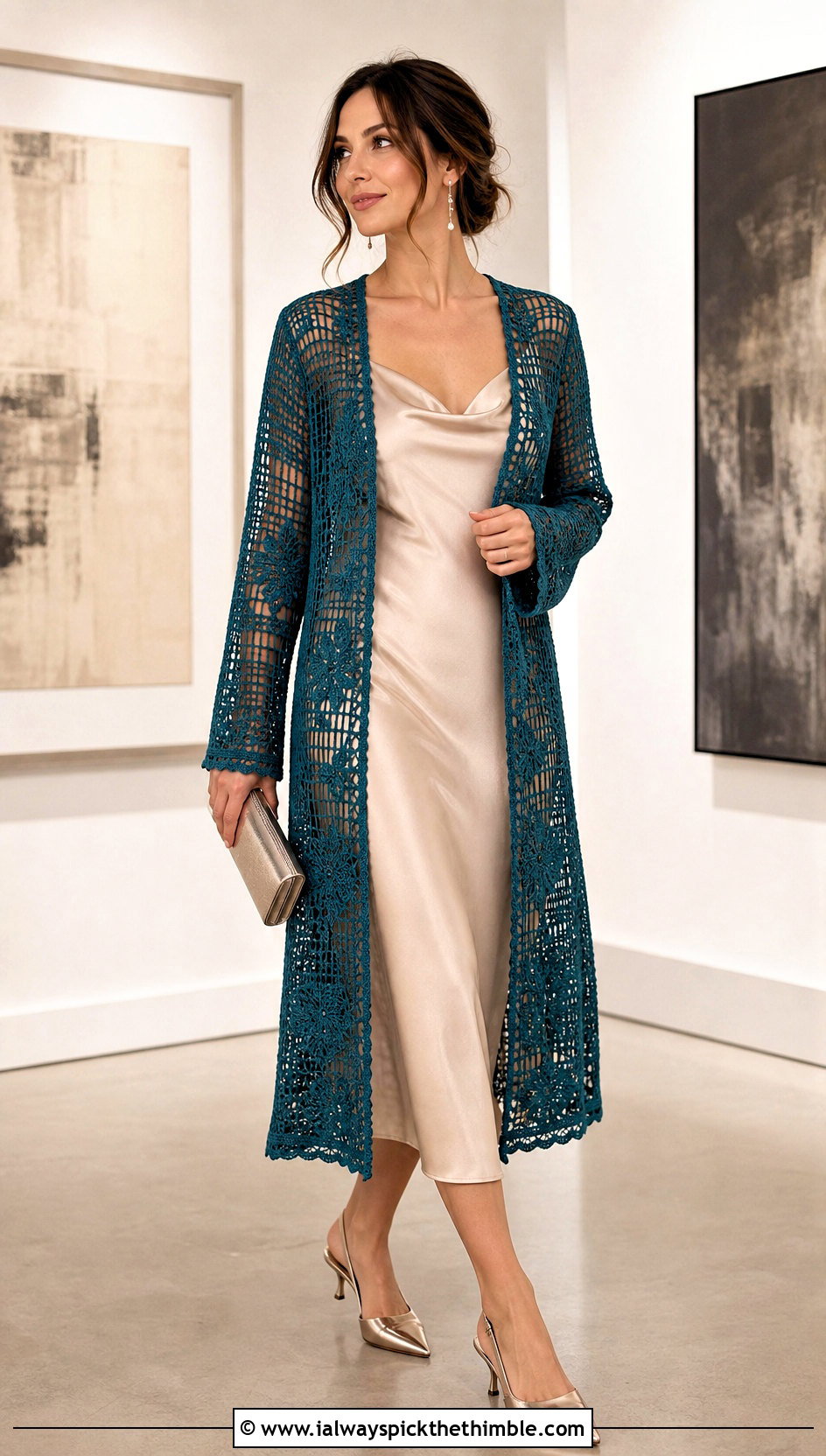 Filet Lace Crochet Duster Cardigan With Satin Slip Dress - 25 crochet duster cardigan outfit ideas