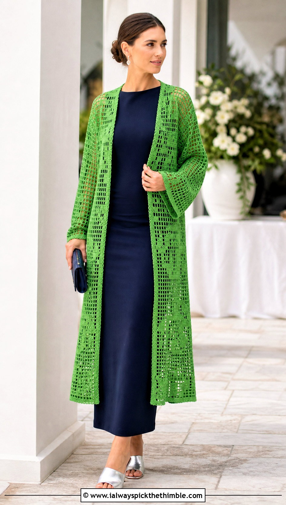 Filet Lace Crochet Kimono With Column Dress - 20 Boho Crochet Kimono outfit ideas
