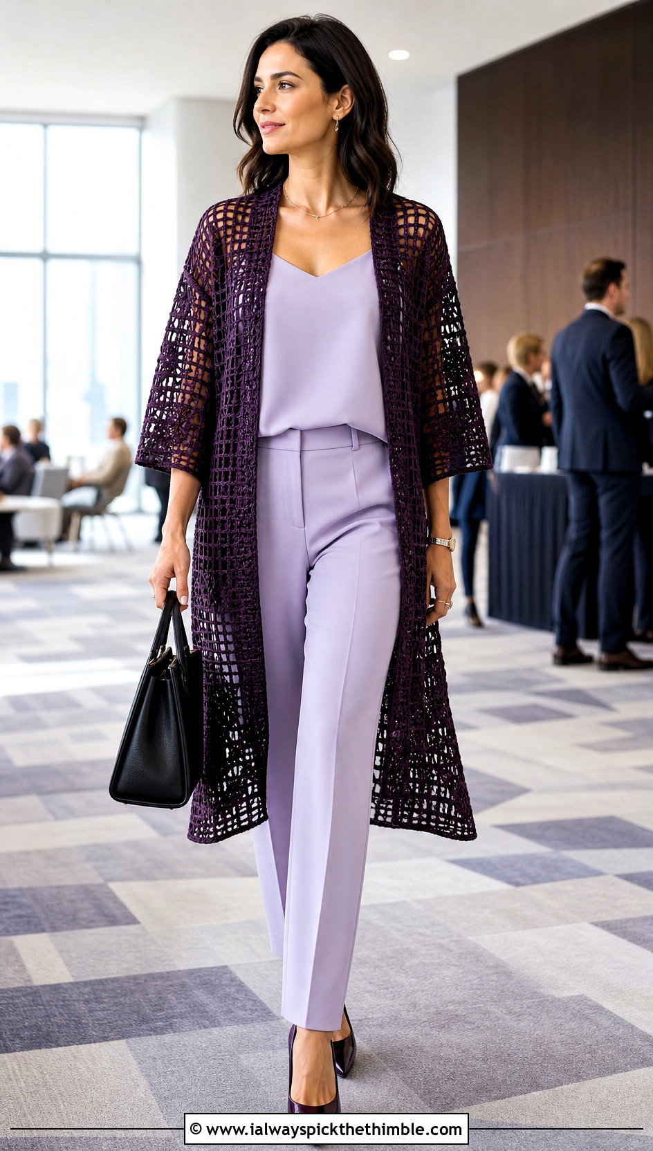 Filet Lace Crochet Kimono With Monochrome Suit - 20 crochet lace kimono outfit ideas