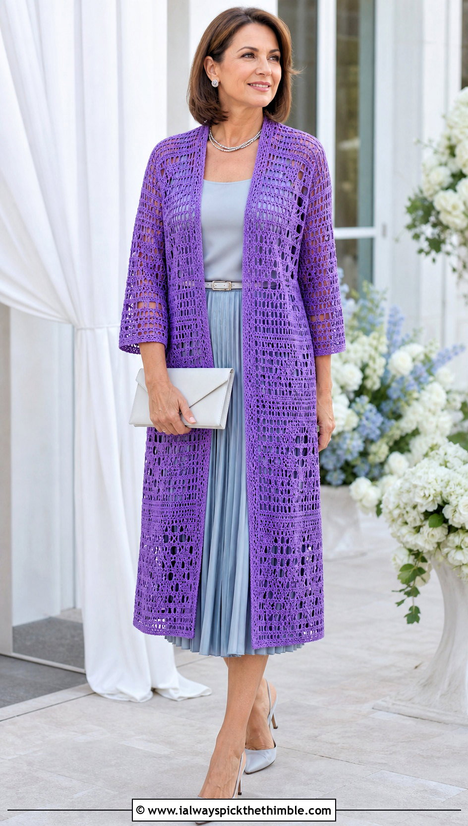 Filet Lace Crochet Long Cardigan With Pleated Midi Skirt - 20 crochet long cardigan sweater coats outfit ideas