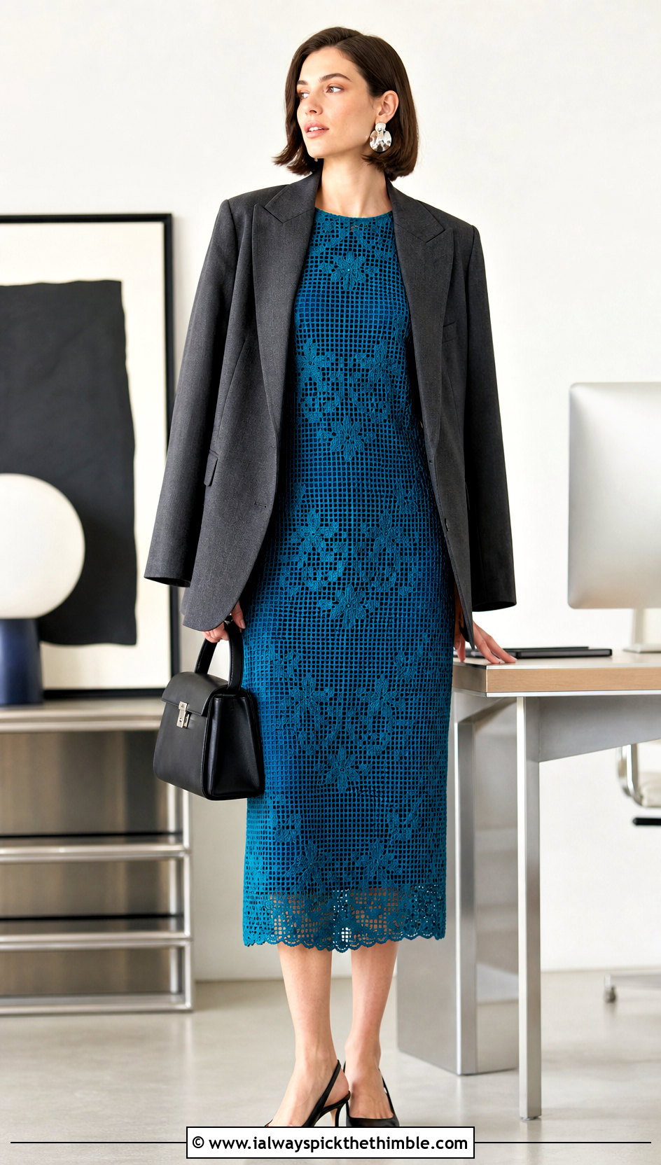 Filet Lace Crochet Midi Dress With Tailored Blazer - 25 vintage crochet dress outfit ideas