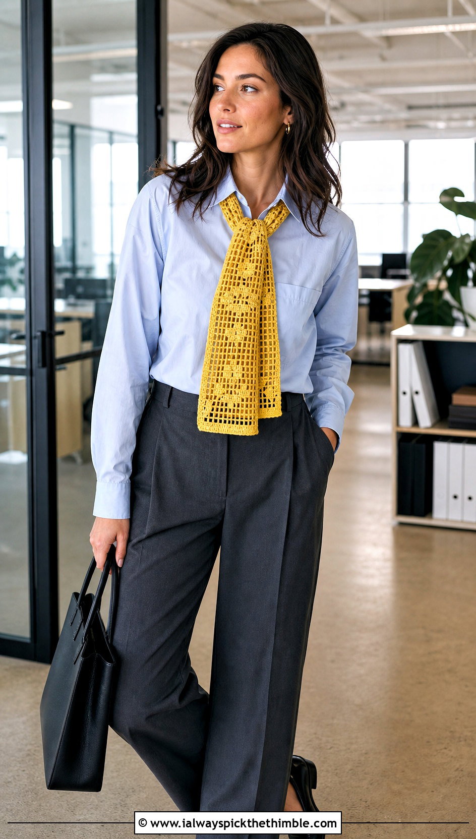 Filet Lace Crochet Scarf With Button Down And Wide Leg Pants - 15 Easy Lace Crochet Scarf outfit ideas