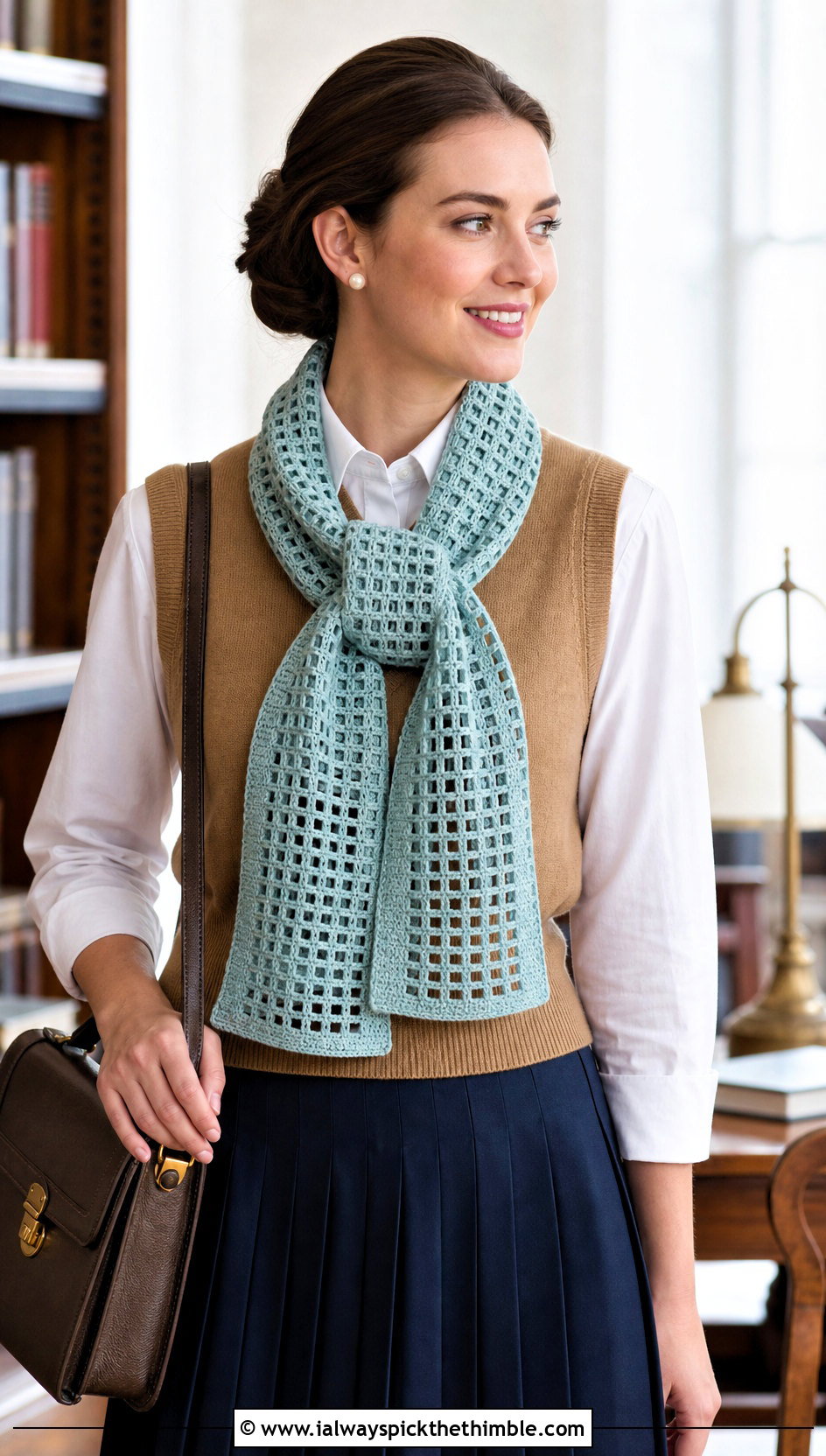 Filet Lace Crochet Scarf With Sweater Vest And Pleated Skirt - 15 elegant crochet scarf design outfit ideas